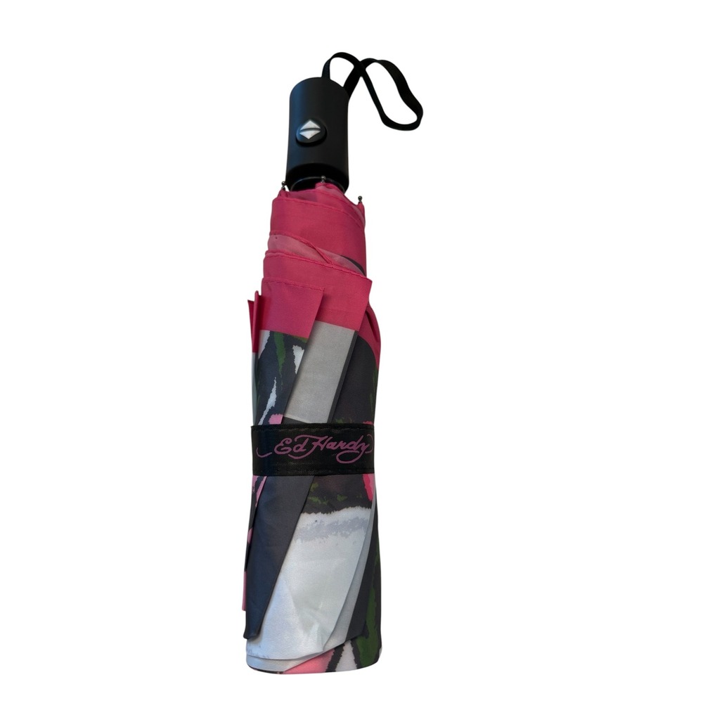 Ed Hardy Pink Rose Skull Checkerboard Compact Auto Umbrella W5EH1132-42-048 NEW